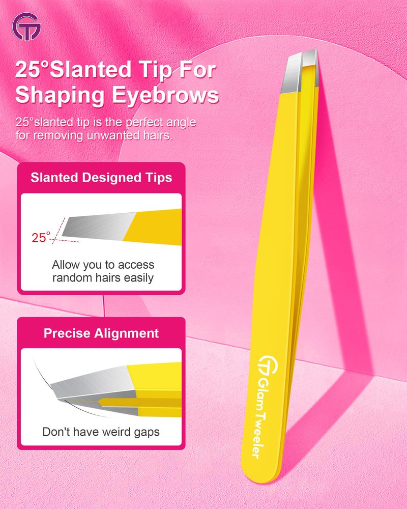Expert Eyebrow Hair Removal Tweezer with Leather Case, GlamTweeler High Precision Slant Tip Stainless Steel Tweezers for Men and Women (Chartreuse Yellow)