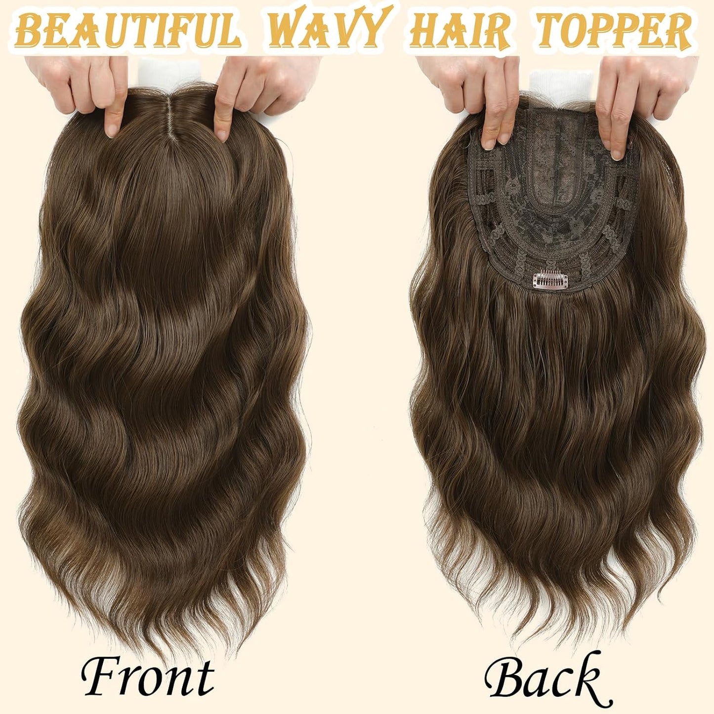 16 Inch Hair Topper for Women - Synthetic Curly Wavy Clip-In with Curtain Bangs | Natural Crown Coverage in Chestnut Brown