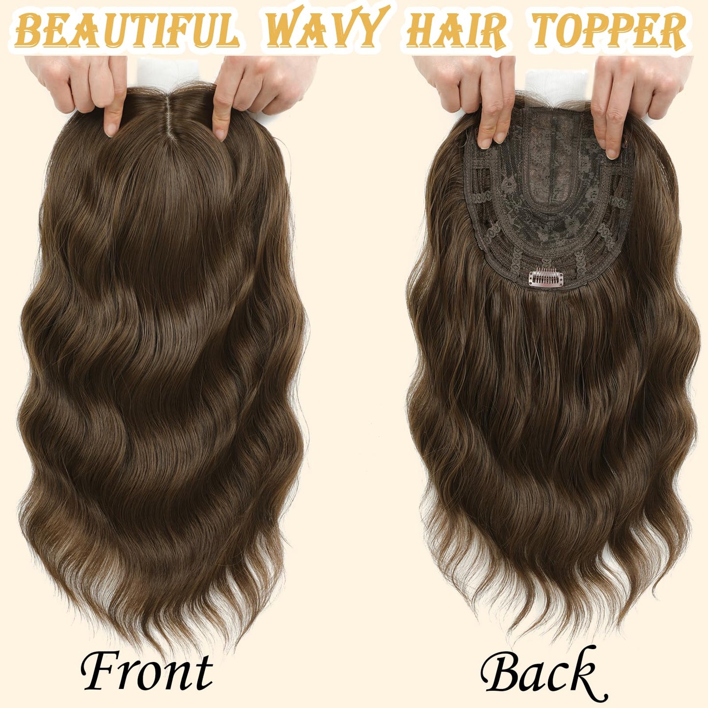 16 Inch Hair Topper for Women with Thinning Hair, Synthetic Curly Wavy Clip-In Topper with Curtain Bangs Natural Looking Crown Coverage Lightweight Hair Piece for Volume(Chestnu Brown)