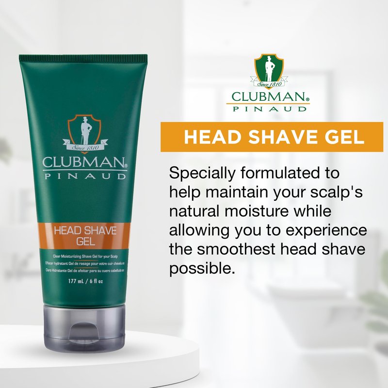 Clubman Pinaud Head Shave Gel for Men – Clear Moisturizing Shaving Gel for Men, Hydrating Facial Hair for Sensitive Skin, Barber Supplies, 6 fl oz