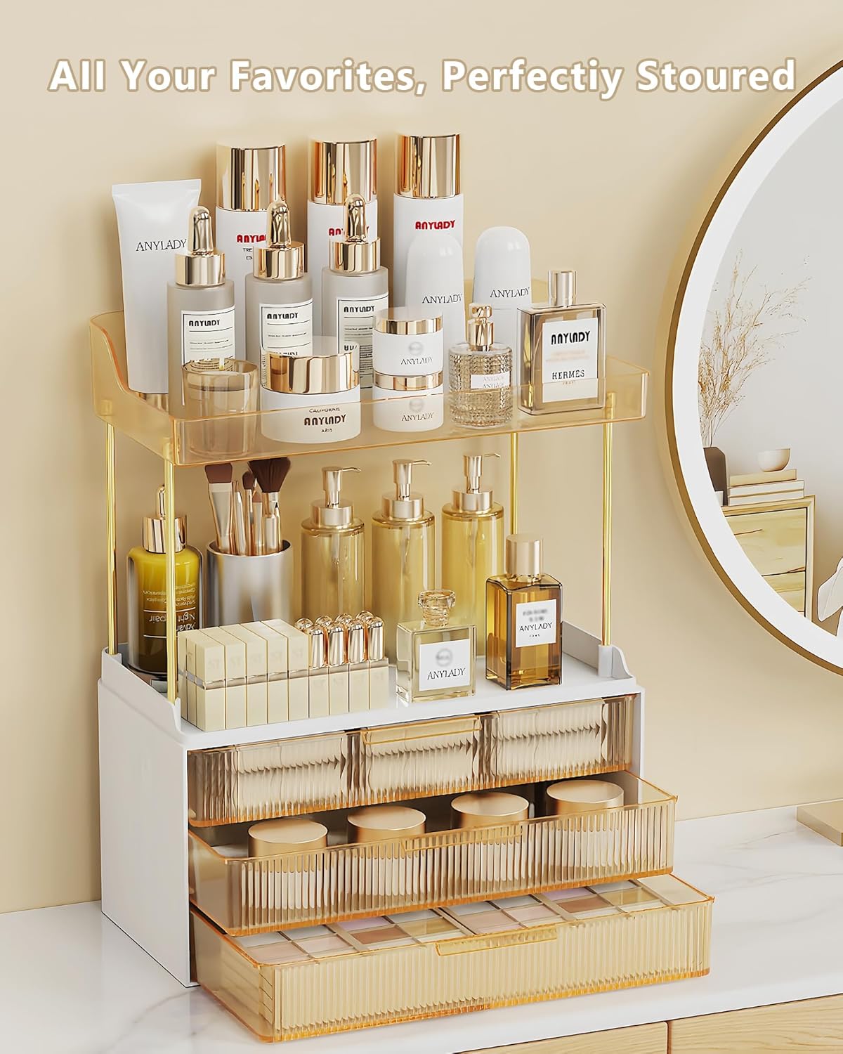 Bathroom Organizer - Sturdy Makeup Storage for Vanity & Countertop | Gold Cosmetic Dresser Organizer