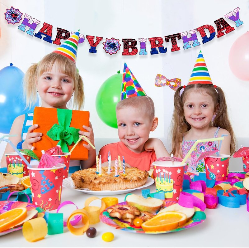 Spider Theme Birthday Banner - Pre-Strung Decorations for Kids' Parties | Red, Purple, Blue