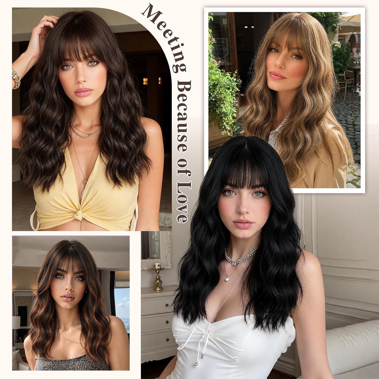 Long Wavy Black Wig for Women - 20-Inch Shoulder-Length Synthetic Hair with Bangs | Heat Resistant