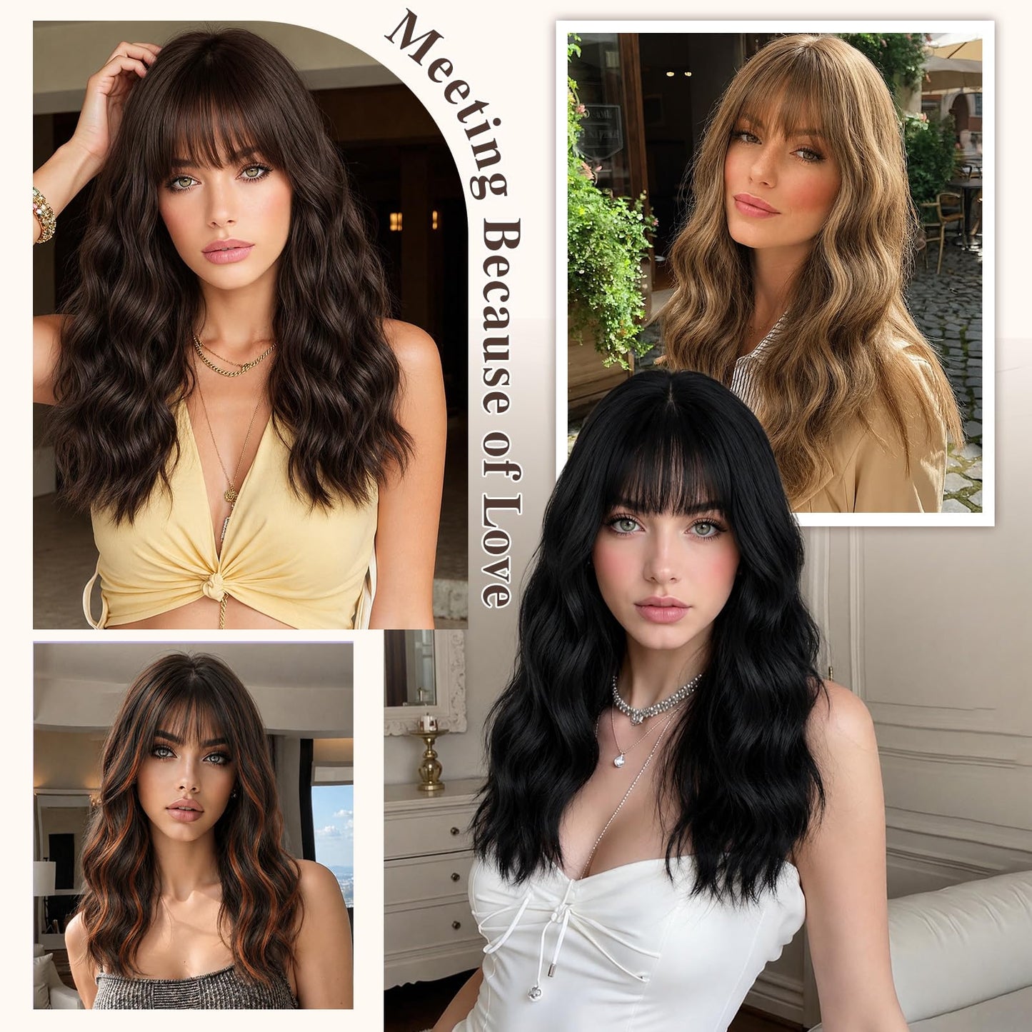 NOVFLKW Brown Medium Long Wavy Wigs for Women 20inch Dark Brown Wig with Bangs-Shoulder Length Wavy Curly Synthetic Heat Resistant Fiber Full Hair For Daily Use