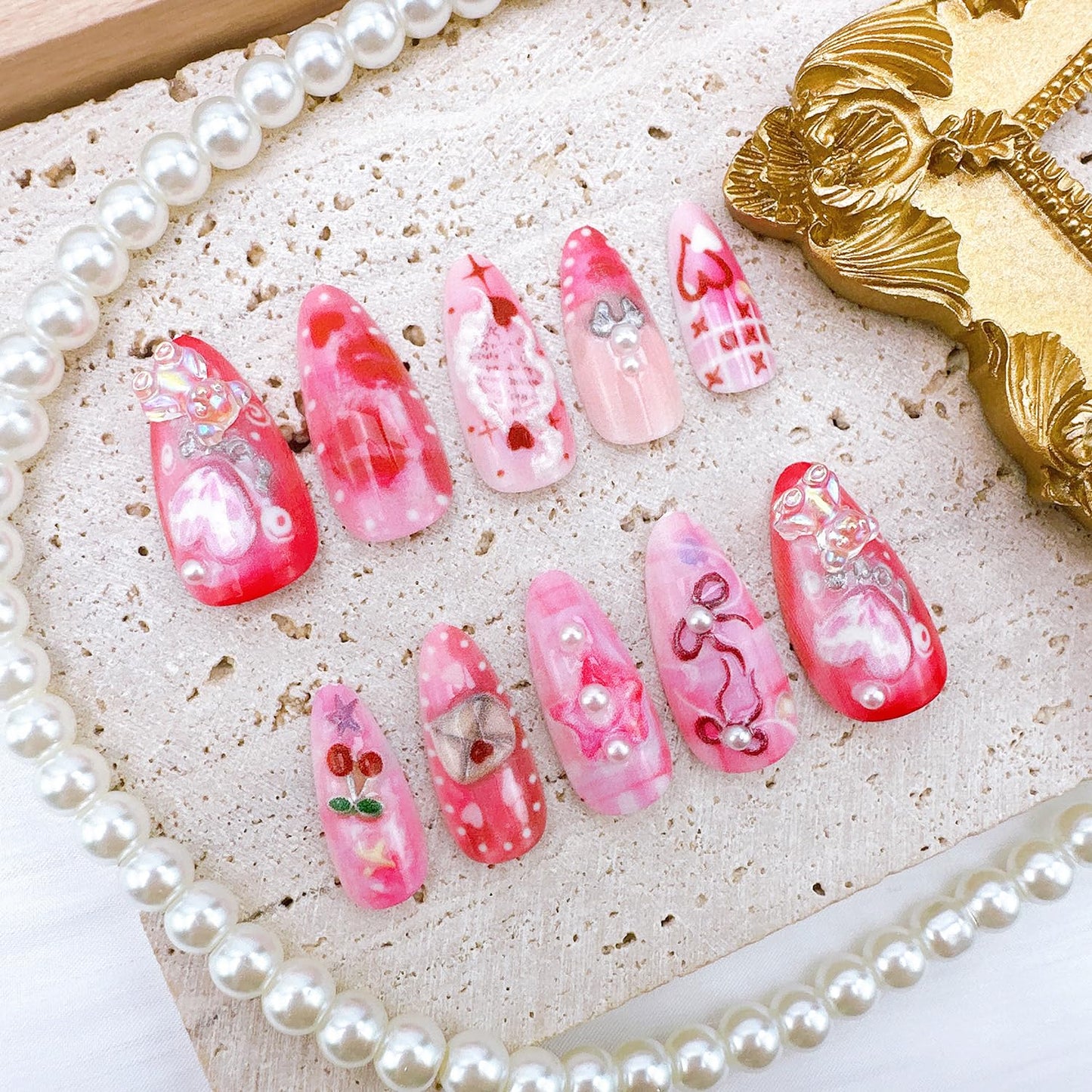 24Pcs Valentines Press on Nails Medium Almond Fake Nails with 3D Hearts Bear Pearl Designs Valentine Red Lips Acrylic Nails XOXO Cherry Bow False Nail Romantic Heart Full Cover Glue on Nails for Women