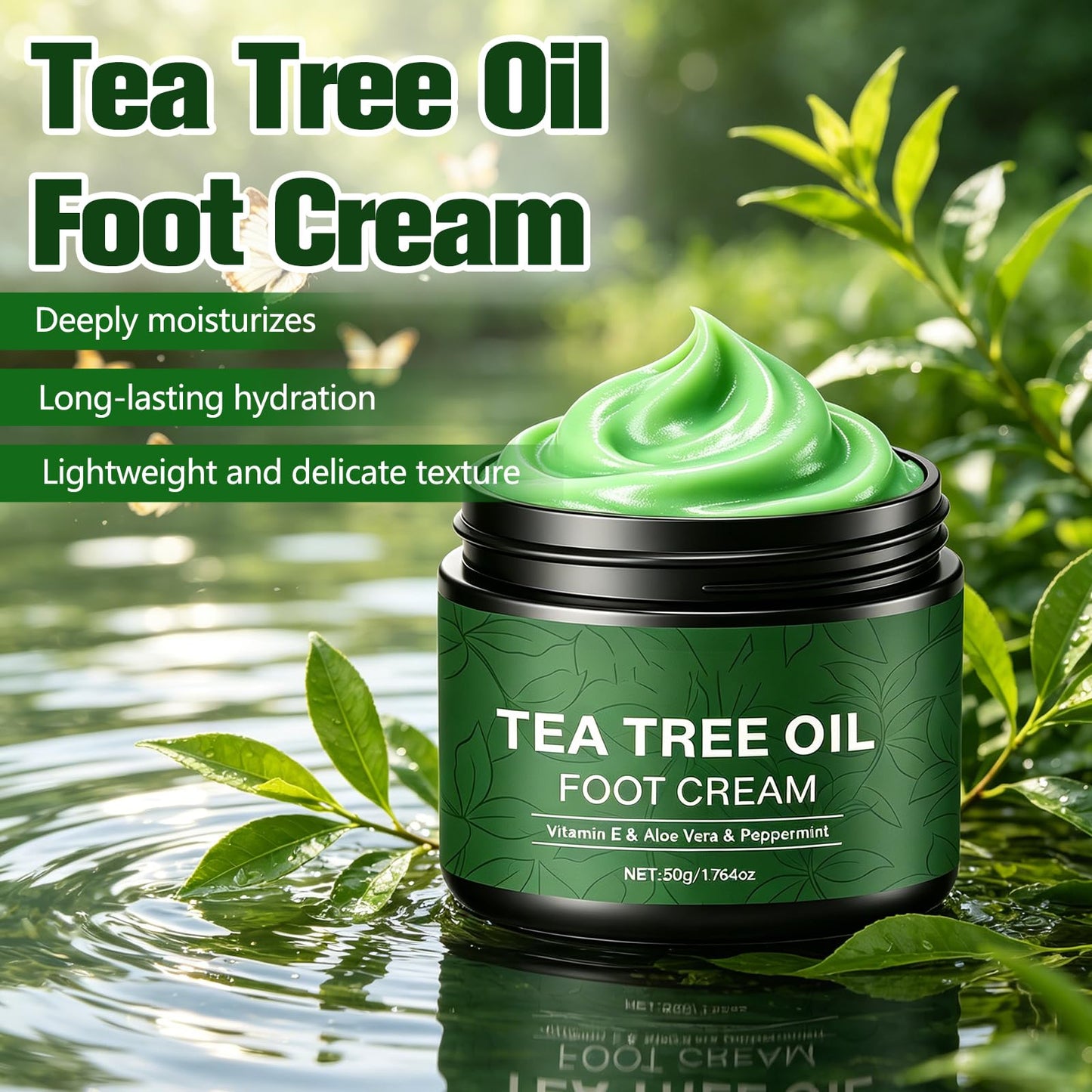 NUOKOU 2PCS Tea Tree Oil Foot Cream,with Vitamin E, Aloe Vera & Peppermint, Nourishing & Hydrating,Natural Formula for Skin