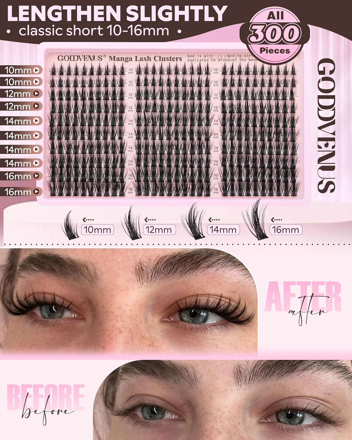 Goddvenus Manga Lash Clusters Kit - 300 Pcs Wispy Fluffy Eyelash Extensions | CC Curve 10-16mm for Anime Cosplay