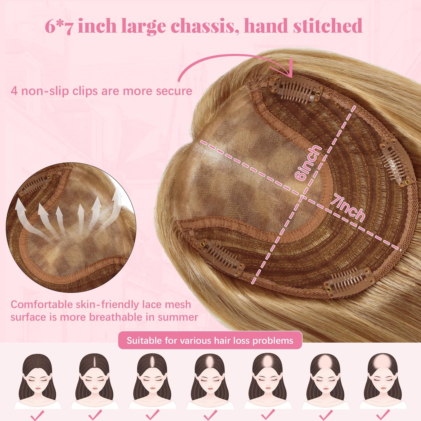 HappyNewHair Hair Toppers for Women Real Human Hair, 6x7inch Large Base Chocolate Brown Hair Pieces for Women with Thinning 55g 360°Cover Topper Add Volume 12inch