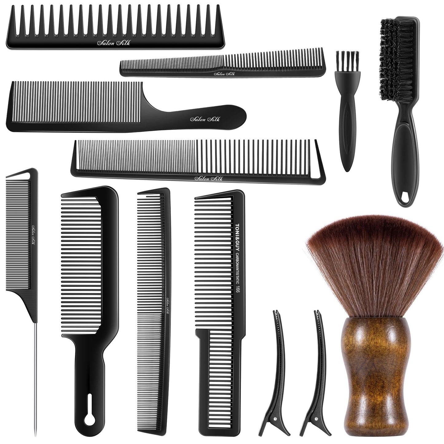 SALONSILK 13PCS Hair Cutting Shaving Brush and Comb Set, Professional Barber Combs for Hair Stylist, Premium Grade Barber Brush Neck Duster, Fading Comb Barber Clipper Comb