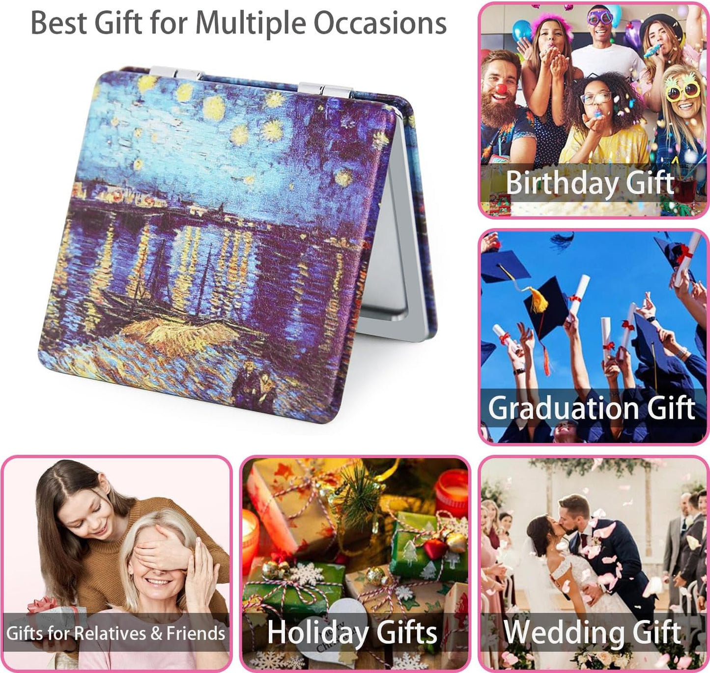Pocket Mirror for Women - 2 Pcs Compact Double-Sided 1X/3X Travel Mirror | Square 2.8” PU Style