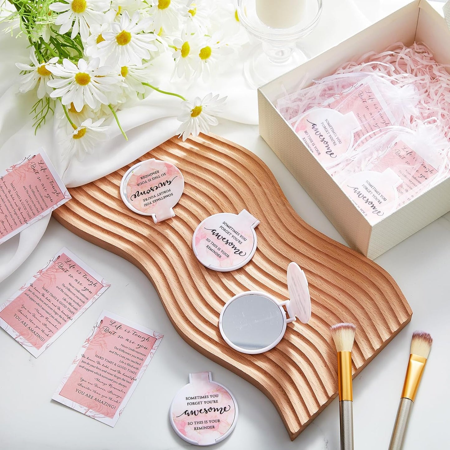 Inspirational Compact Mirror Set - 25 Bulk Gifts for Women | 2.76-Inch Portable Folding Mirror in Pink Marble