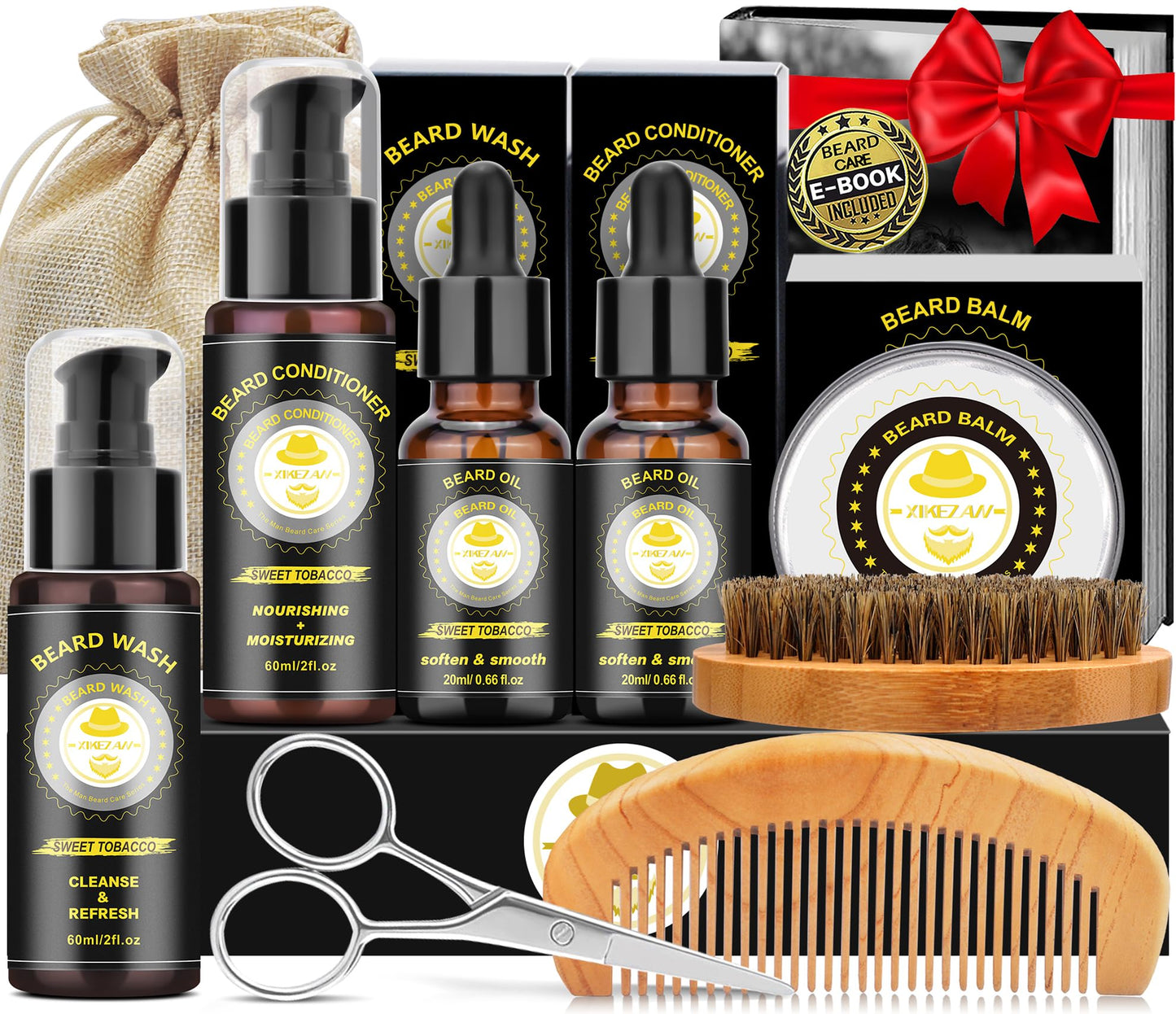 XIKEZAN Gifts for Men, Beard Kit for Mens Care & Grooming with Sweet Tobacco Beard Oils,Wash,Conditioner,Balm,Brush,Comb,Scissors,Cool Christmas Birthday Valentines Fathers Gifts for Men Him Husband