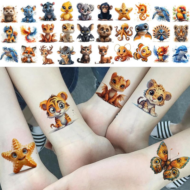 132 PCS 3D Cartoon Animal Temporary Tattoos for Kids - Fun Birthday Party Favors | Mixed Cute Designs