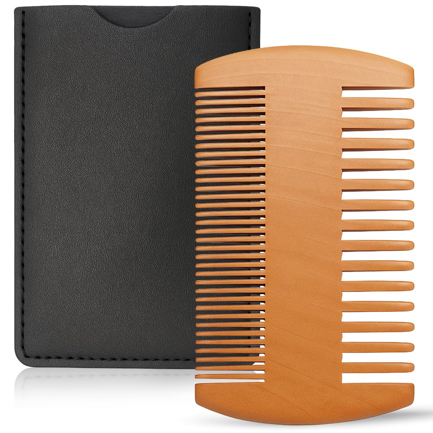 Peach Wood Beard Comb – Dual-Sided Comb for Fine & Coarse Teeth, Ideal for Beard & Mustache & Hair Grooming, with Leather Case