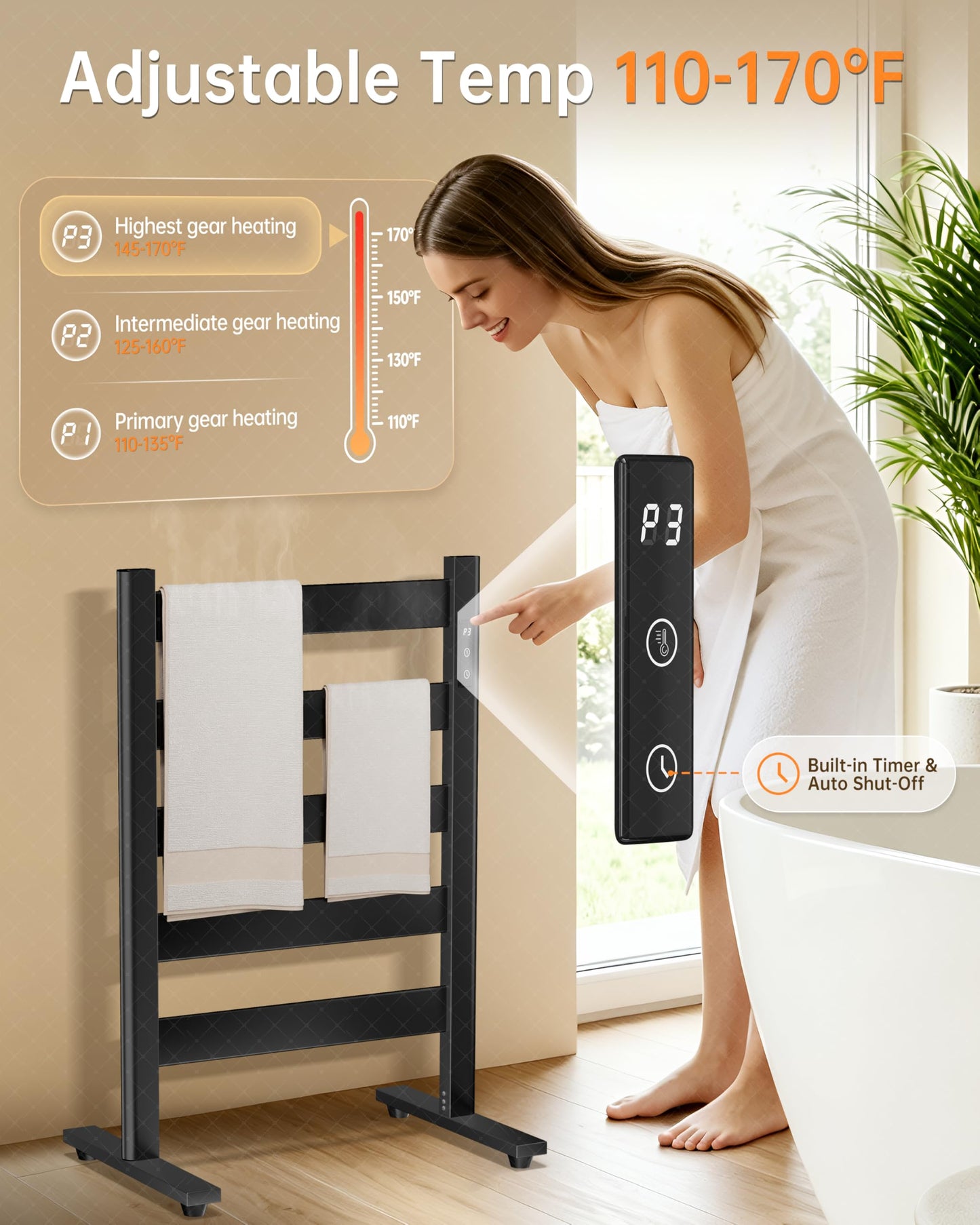 Sawlece Freestanding Towel Warmer – 5-Bar Heated Towel Rack with Timer & Adjustable Temperature, Space Aluminum, Rust-Resistant, Fast Heating in About 10 Minutes for Bathroom & Spa,Matte Black