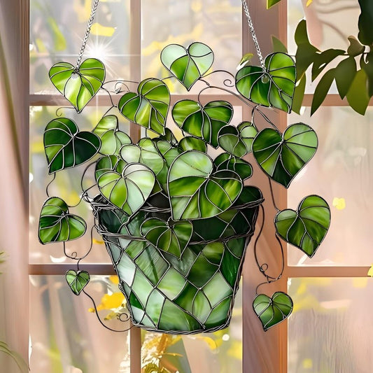 1PC Heart - Leaf Plant Acrylic Suncatcher Hanging, 7.08 inch Window Decor with Printed Stained Glass Style Design, Rainbow Maker Wall Art, Gift Idea & Garden Ornament Indoor Outdoor Use/ZW-03
