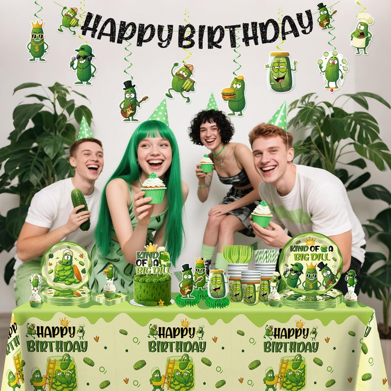 Pickle Party Decorations Funny Pickle Cucumber Happy Birthday Banner Cake Topper Balloons Cartoon Pickle Plates and Napkins with 2 Pcs Pickle Birthday Tablecloth Decorations