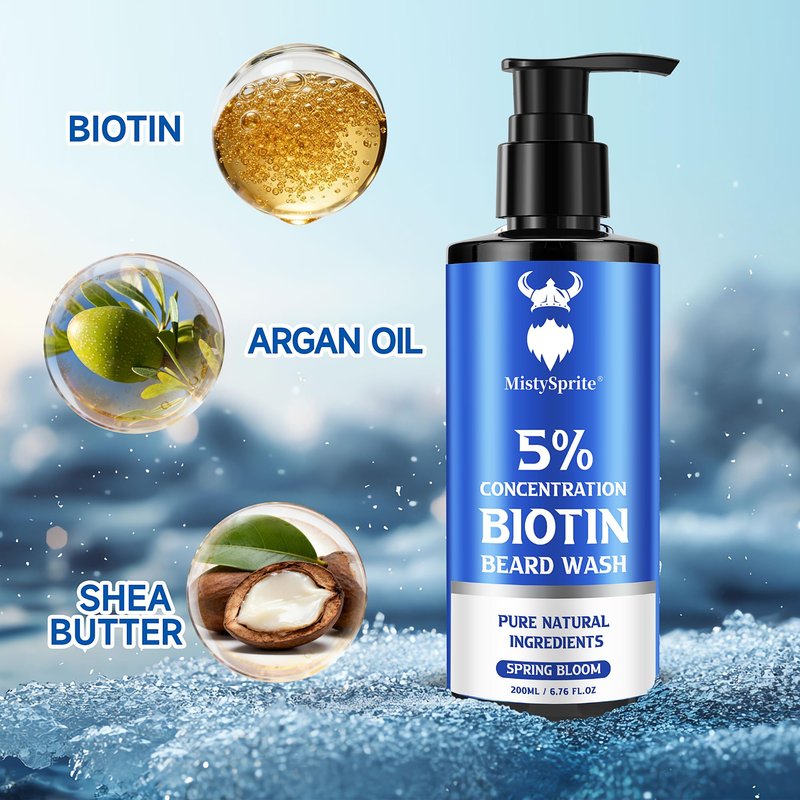 MistySprite 5% Biotin Beard Shampoo for Men, Thickening & Volumizing Formula - Soothes Itchy Skin, Hydrates & Softens Dry Coarse Facial Hair, 6.7 oz Spring Bloom Scent