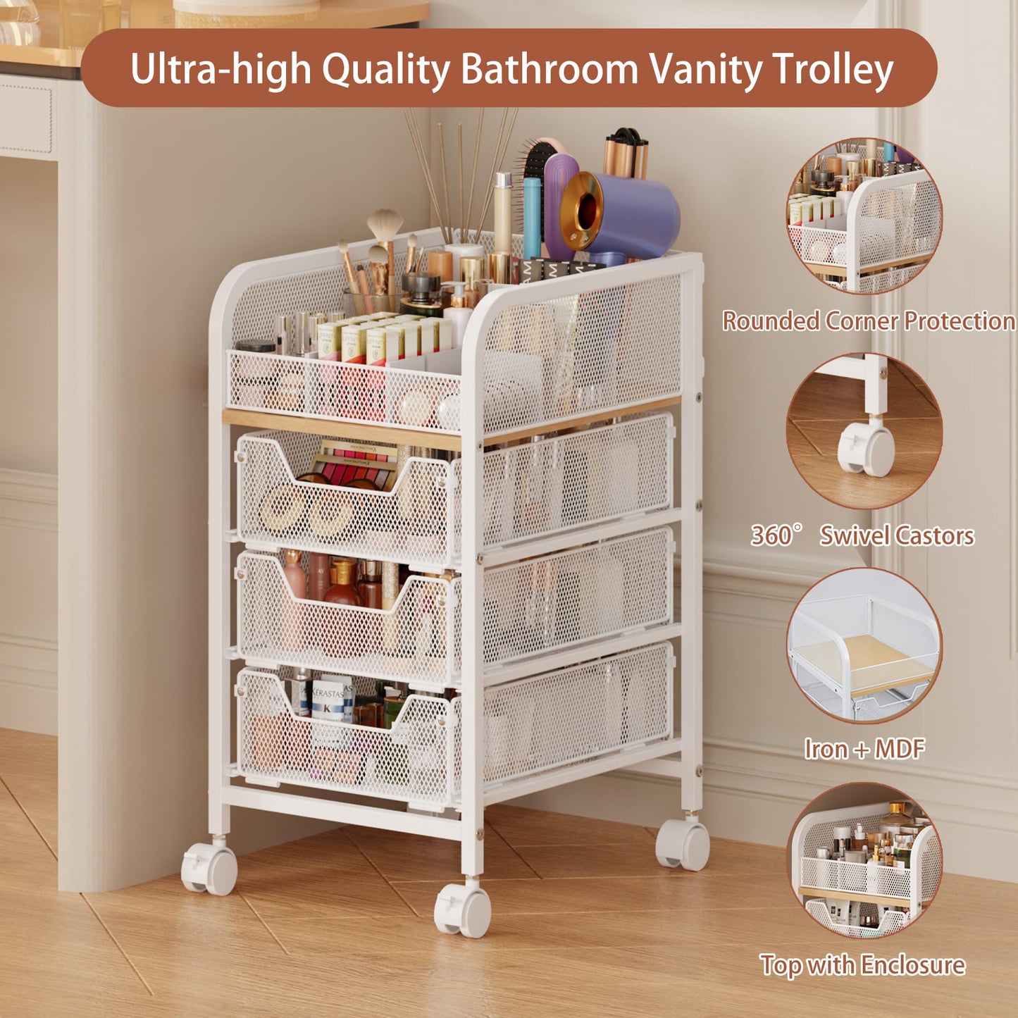Rolling Makeup Cart Organizer with 3 Drawers, 4-Tier Narrow Floor Skincare Organizers with dividers, Vanity Organizer Cosmetics Display Cases for Makeup Brush, Hair Tool, White