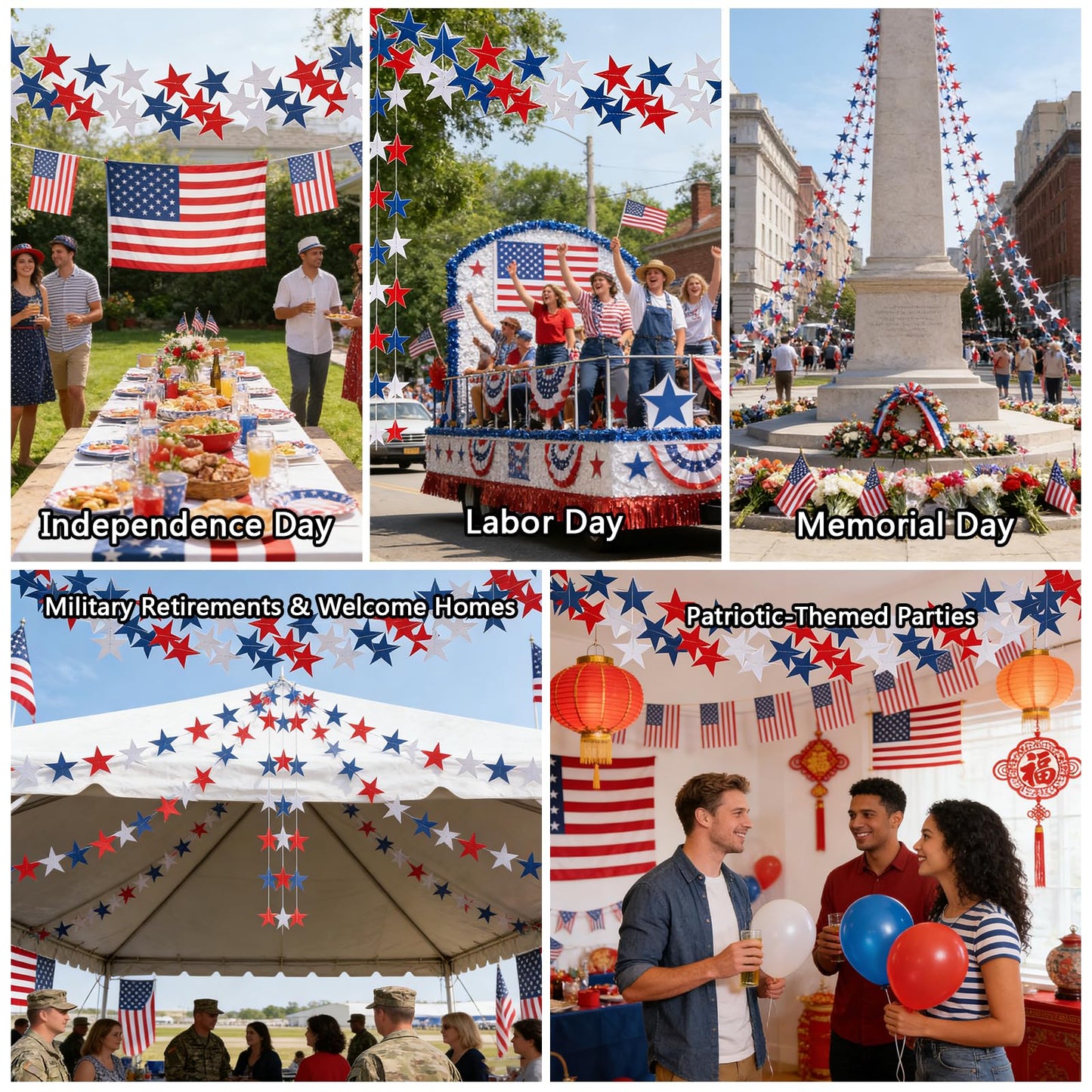 BRIOYHA 105ft Red White Blue Paper Star Garland, 8 Strands Double Side Twinkle Stars for 4th of July Independence Day Patriotic Memorial Day Party Decorations