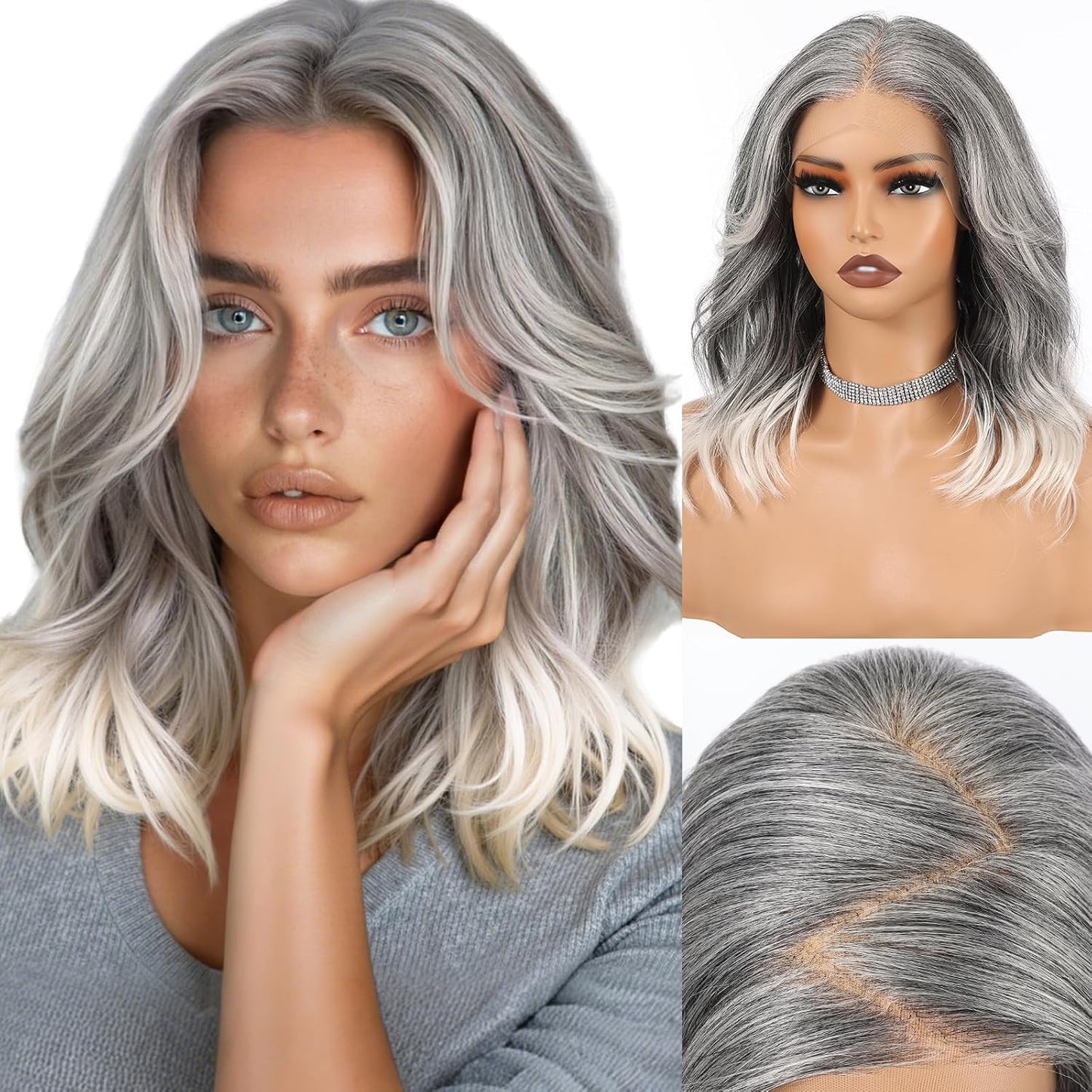 HD Lace Front Wig - 16-Inch Heat Resistant Synthetic Wavy Hair for Women | Shoulder Length Glueless Wig in Gray