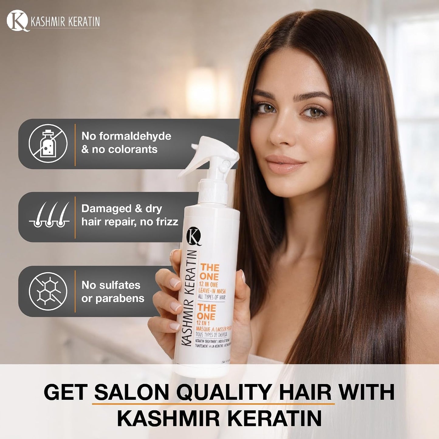 Kashmir Keratin Leave-In Conditioner Spray - 12-in-1 Hair Treatment for Frizz Control & Shine | 8 Fl Oz