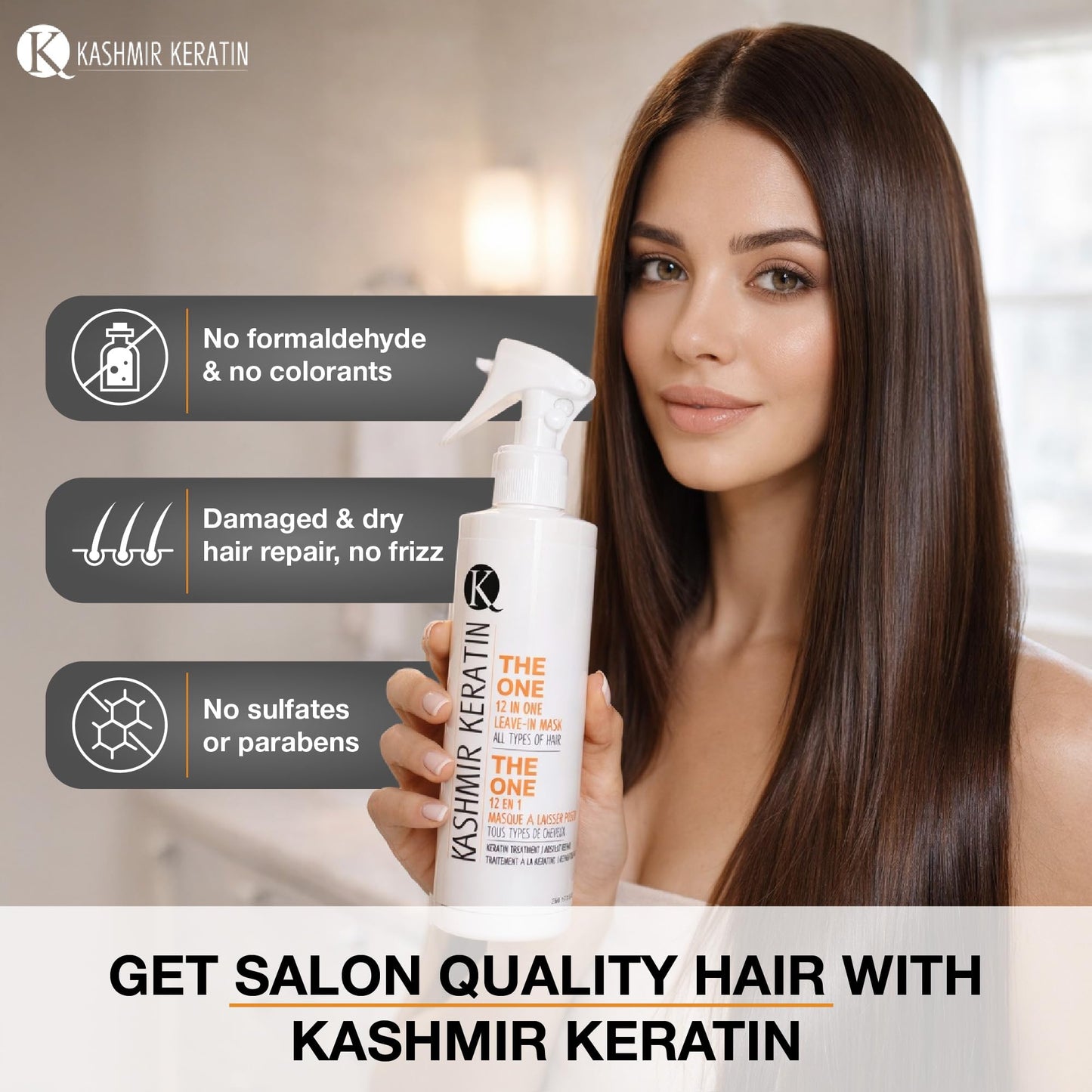 Kashmir Keratin THE ONE Leave In Conditioner 12-in-1 Hair Treatment Spray (8 Fl Oz) detangles, Smooths Frizz, Adds Shine & Hydration for Dry Damaged Hair, Lightweight Keratin Care for All Hair Types