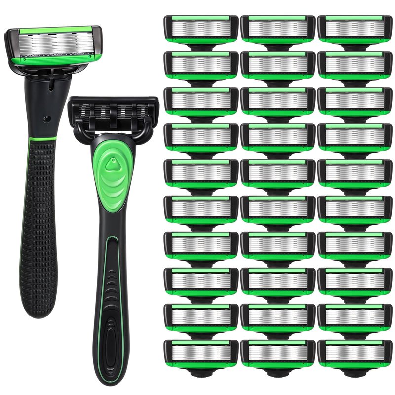 Leriton 34 Pcs Shaving Kit for Men Disposable Men's Razors Set Refillable 7-blade Razors Travel Shave Set Designed for Sensitive Skin, 2 Handle and 32 Razor Blade Refills