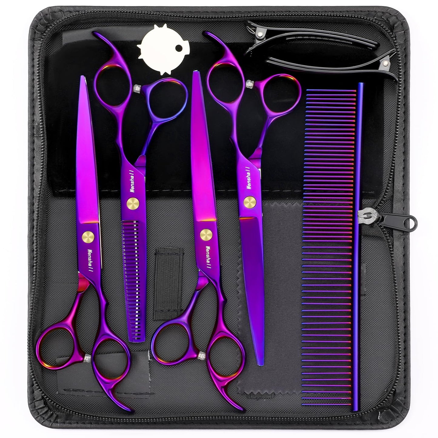 Wenshall Professional Dog Grooming Scissors Set, 7.0 Inch Titanium Straight & Thinning & Curved scissors and Comb for Dog grooming (Purple)