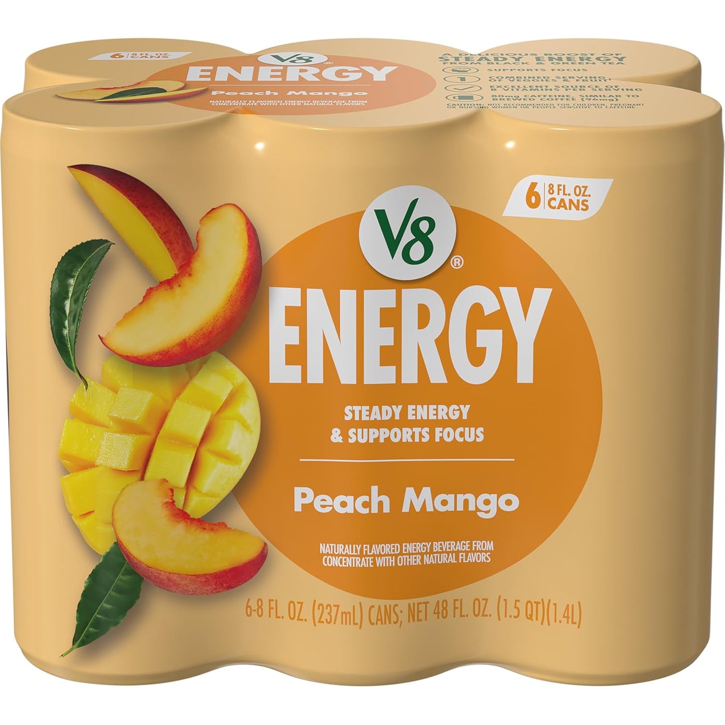 V8 Energy Peach Mango Energy Drink - 8 Fl Oz Can | 24 Pack of Refreshing Energy Boost
