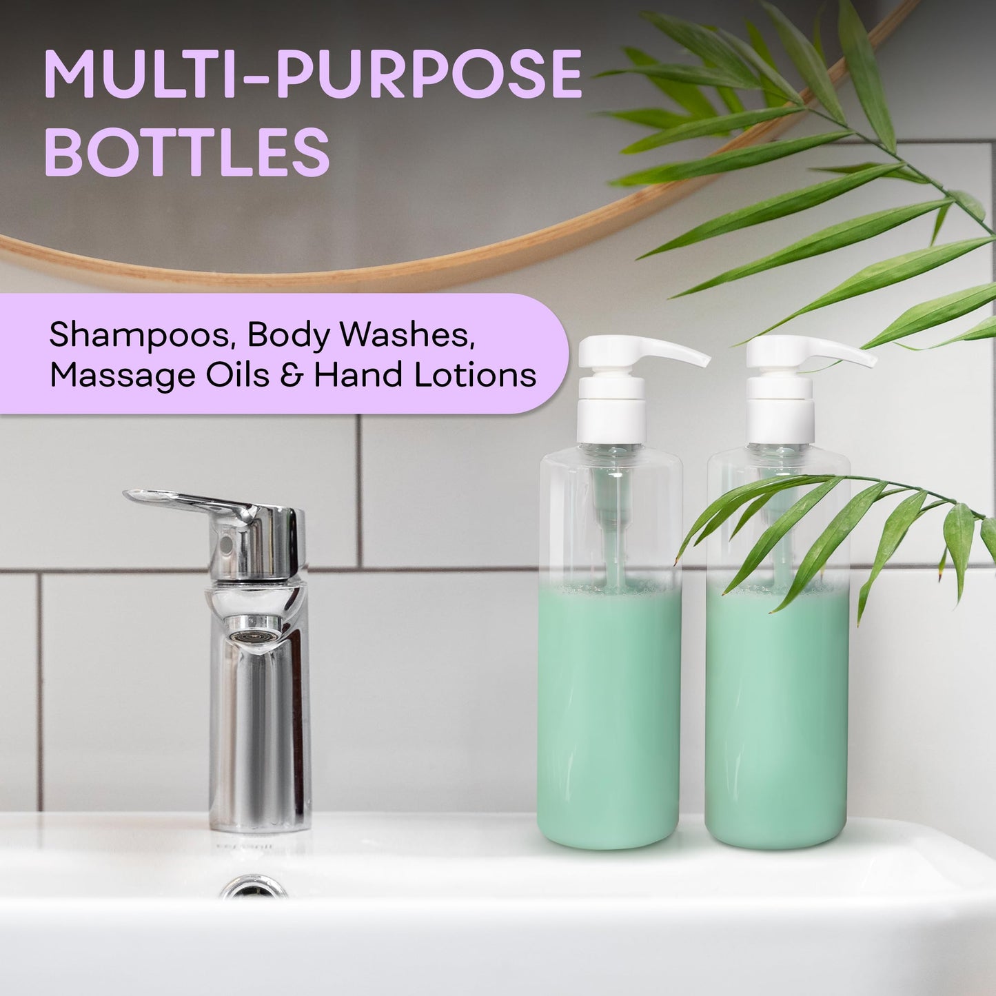 BRIGHTFROM Empty Lotion Pump Bottles 16 OZ, BPA-Free Refillable Containers, Plastic PET, Great for - Soap, Shampoo, Lotions, Liquid Body Soap, Creams and Massage Oil's, 2 Pack (White Pump)