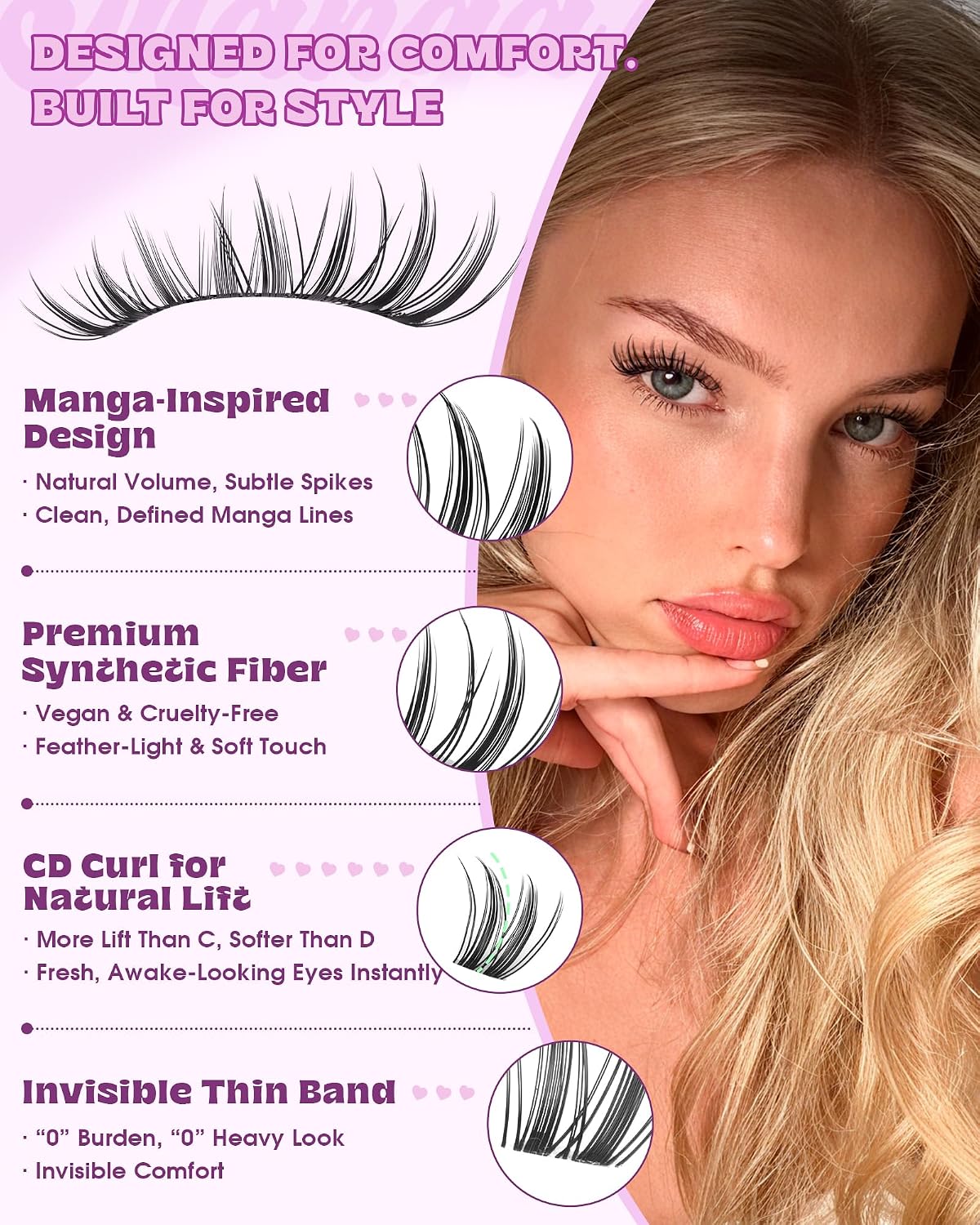 Bunny Lash Clusters - C Curl Anime Eyelash Extensions | 8-18MM Natural Fairy Lashes with Invisible Clear Band