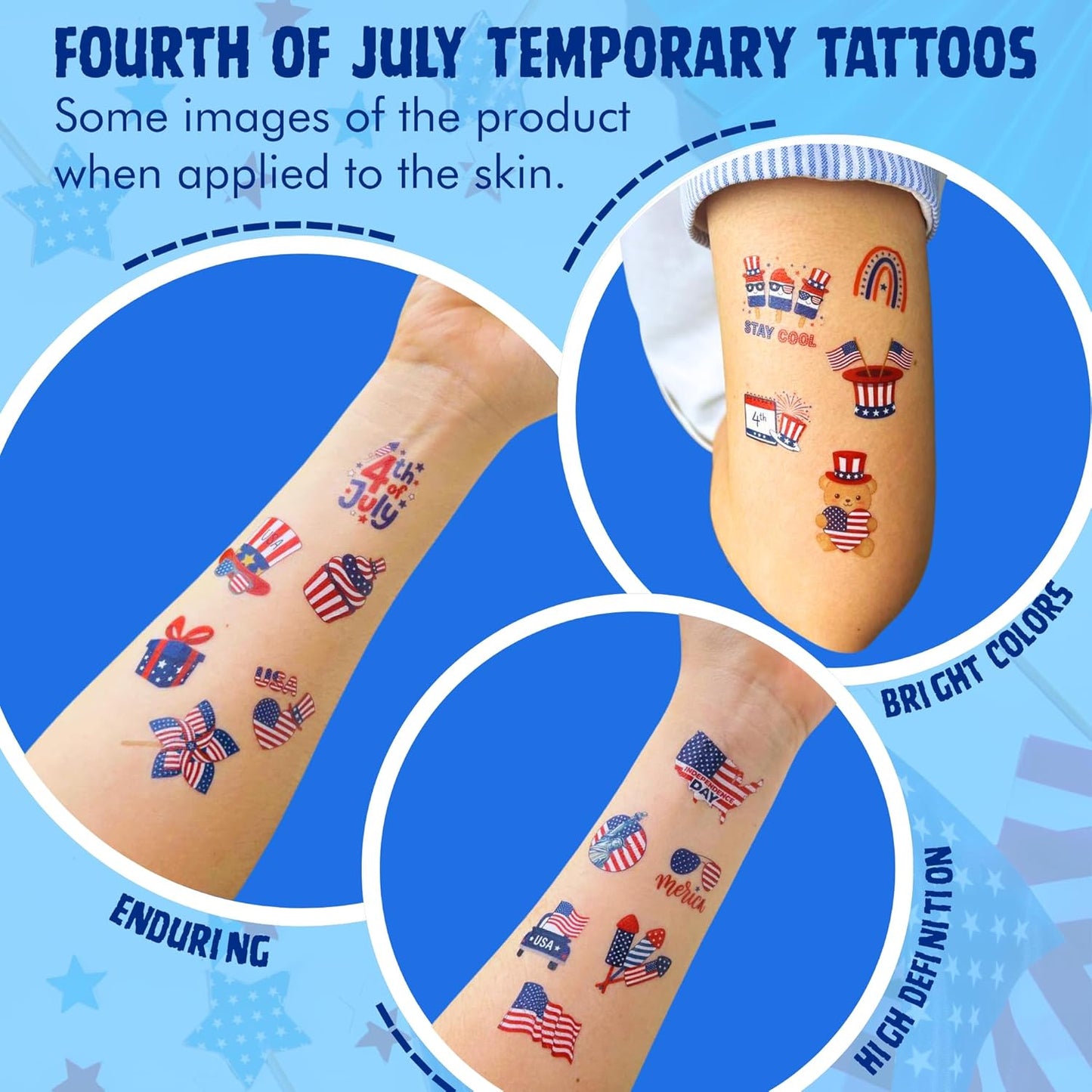 Fourth of July Temporary Tattoos - 105 Patriotic USA Stickers for Party Favors | Red, White & Blue Designs