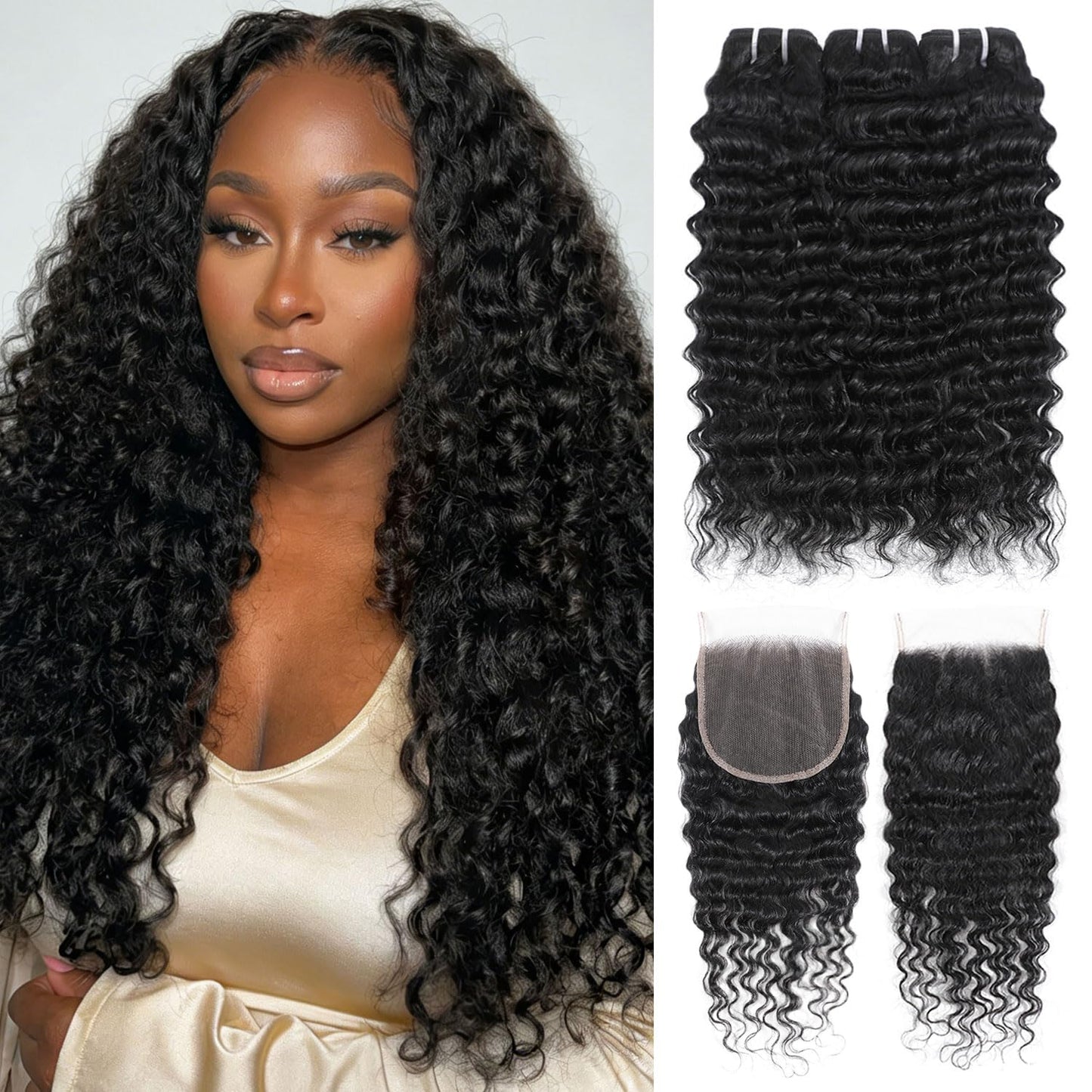 Deep Wave Bundles with Closure (20" 22" 24"+18") Deep Curly 3 Bundles and 5x5 HD Lace Closure 12A Wet and Wavy Brazilian Unprocessed Human Hair Extensions Double Weft Quick Weave Bundle for Women