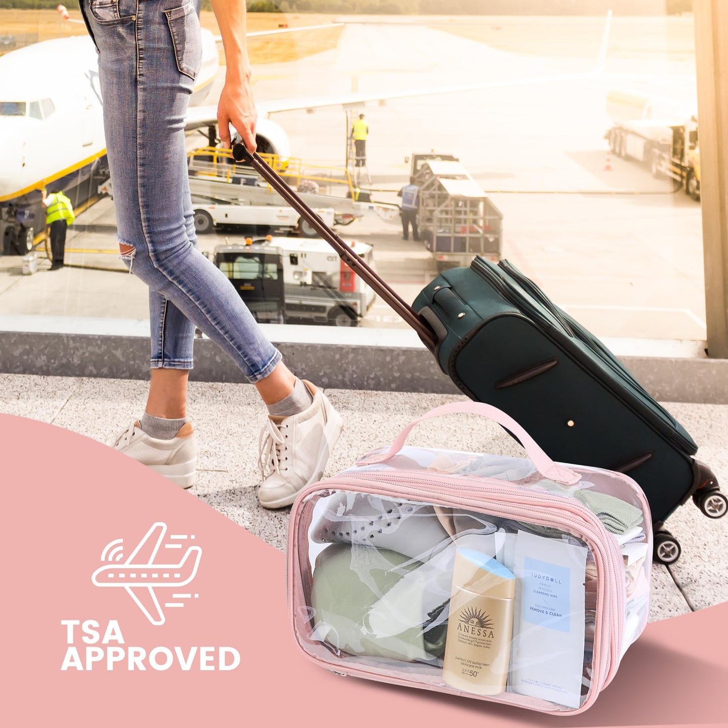 BORMELUN Large clear travel pouch,TSA approved toiletry reusable organizer with zipper proof purse makeup case carry On (Pink)