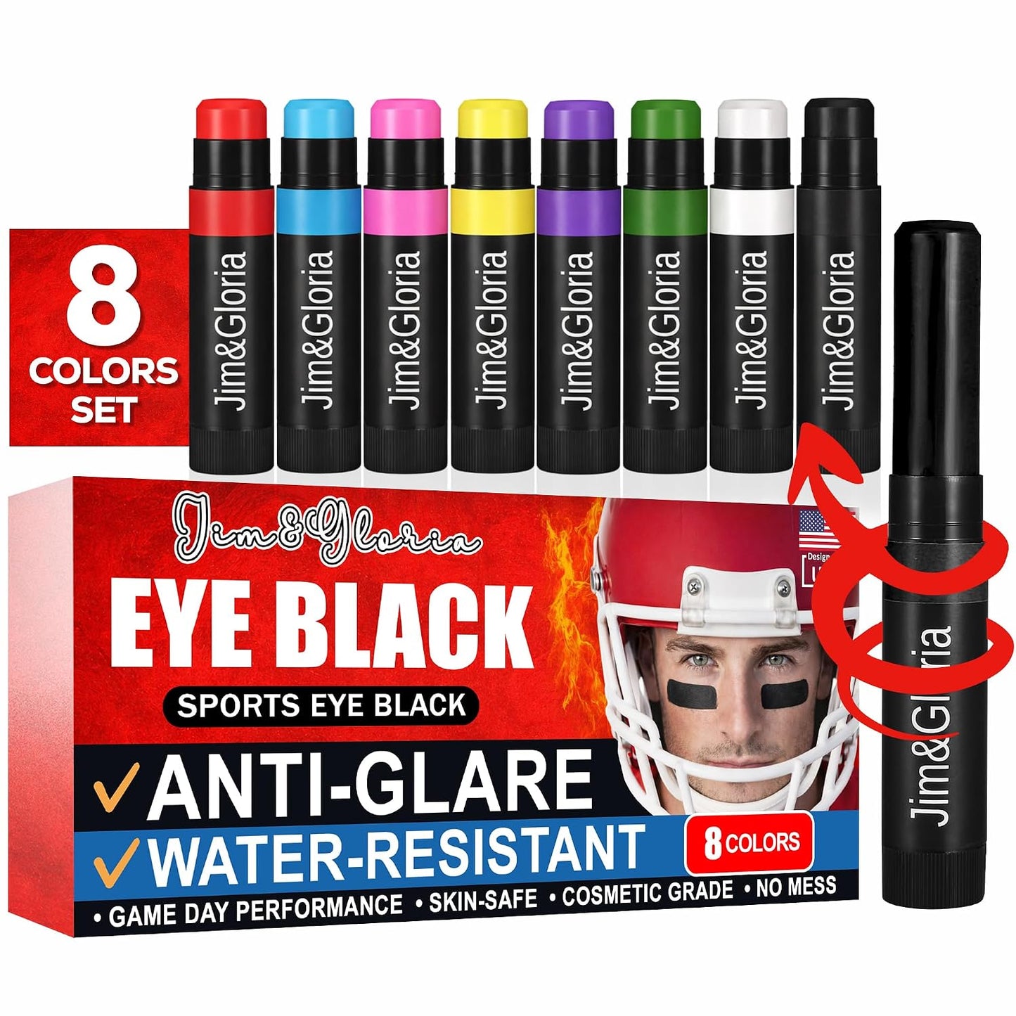 Water Resistant Eye Black Stick - Anti-Glare Sports Face Paint for Softball, Baseball, Football | 8 Colors Available