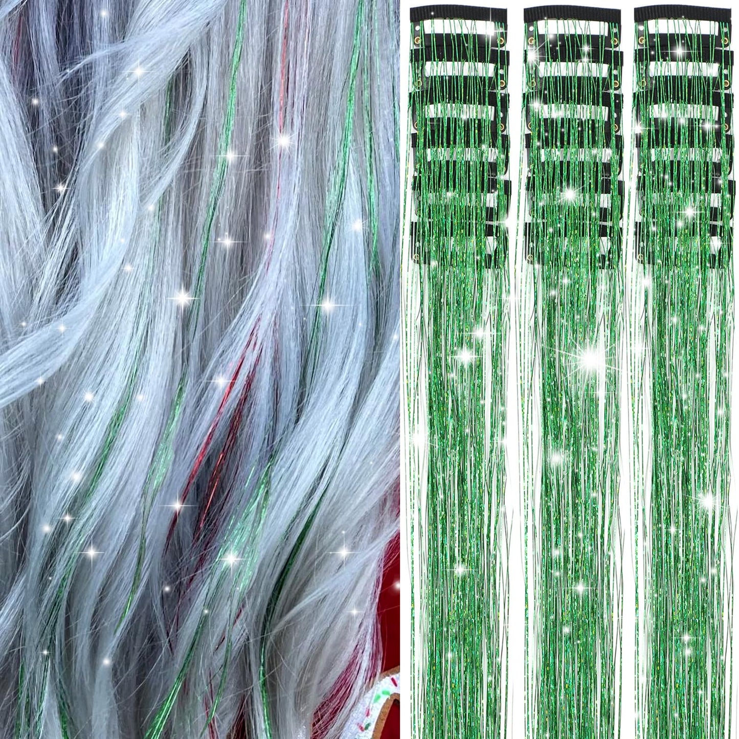Obinying Hair Tinsel Pack of 18 Pcs Hair Tinsel Clip in 20.5 Inch Glitter Tinsel Hair Extensions Clip in Hair Tinsel Kit Party Festival Fairy Hair Accessories for Girls Women Kids (Green)