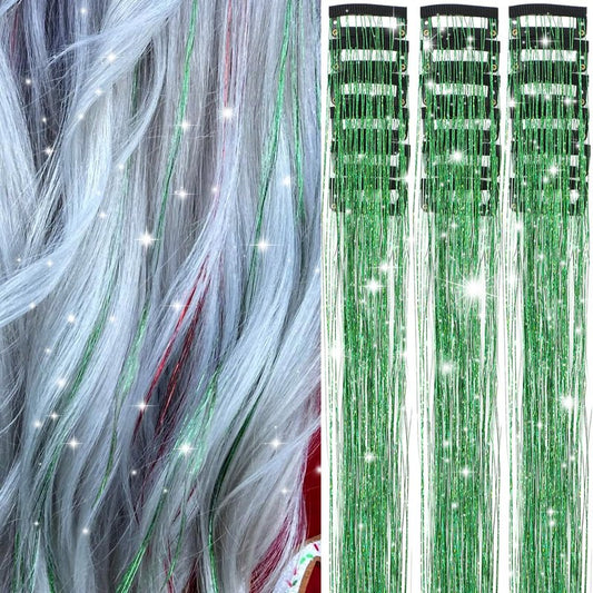 Obinying Hair Tinsel Pack of 18 Pcs Hair Tinsel Clip in 20.5 Inch Glitter Tinsel Hair Extensions Clip in Hair Tinsel Kit Party Festival Fairy Hair Accessories for Girls Women Kids (Green)