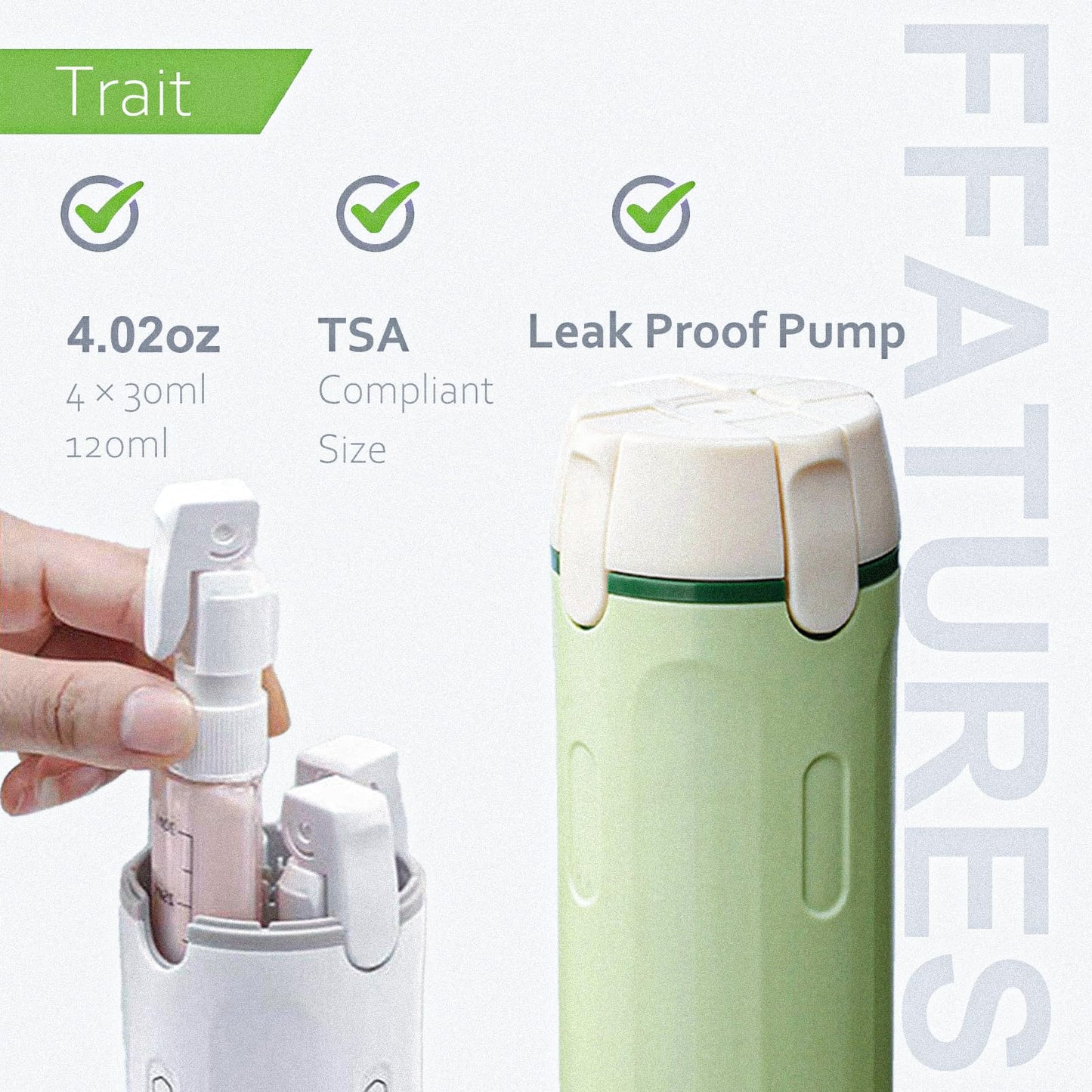 4 in 1 Travel Dispenser Bottles Shampoo Refillable Leak Proof TSA Compliant Size Containers Toiletries Toiletry with Pump Design Portable Organizer Conditioner Lotion Cream Vacation (Green)