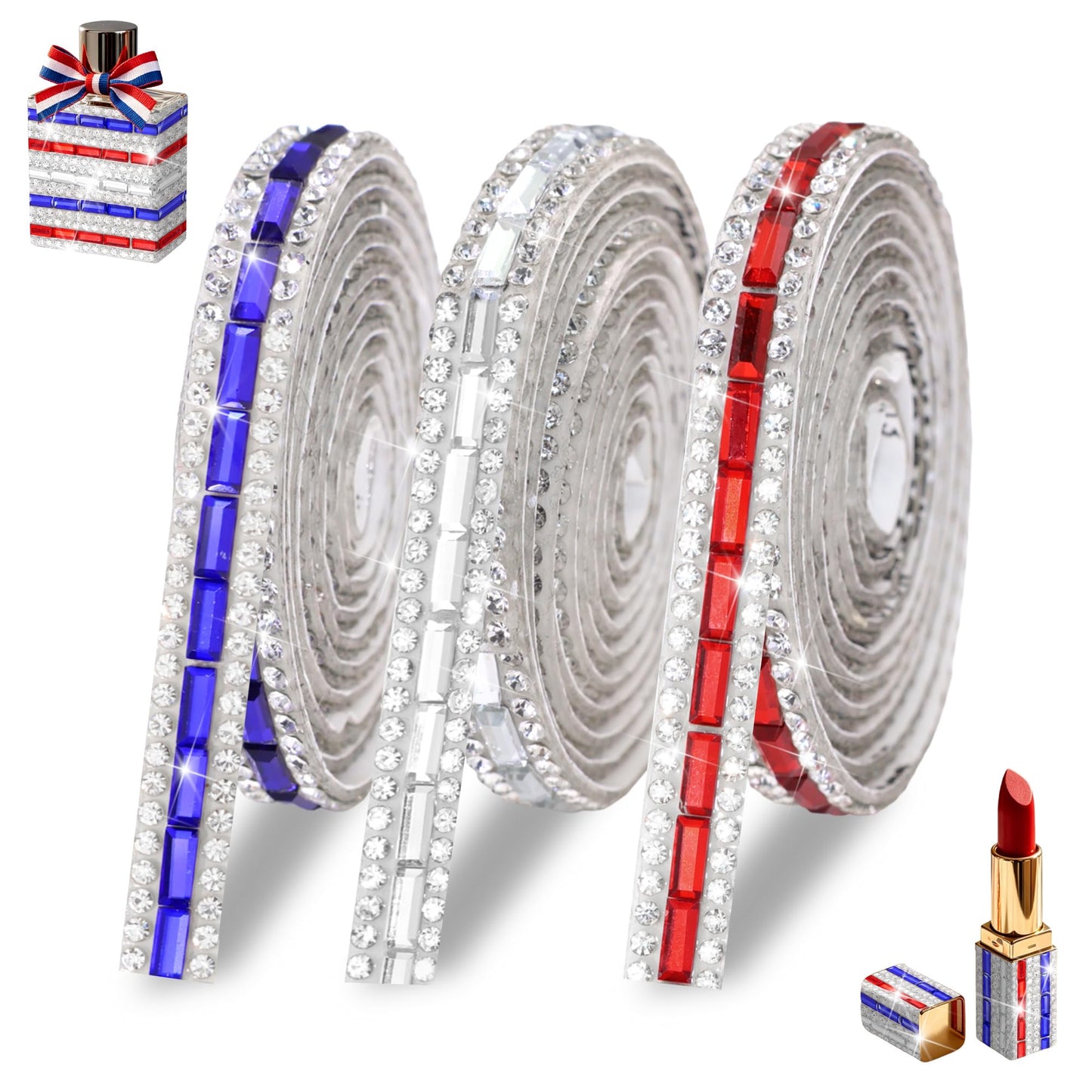 ROYTOER Patriotic Rhinestone Ribbons for 4th of July,Red Blue And White Diamond Strip for DIY Craft,3 Yards Rhinestone Tape Crystal Ribbons Self Adhesive for Independence Veterans Day Party Decoration