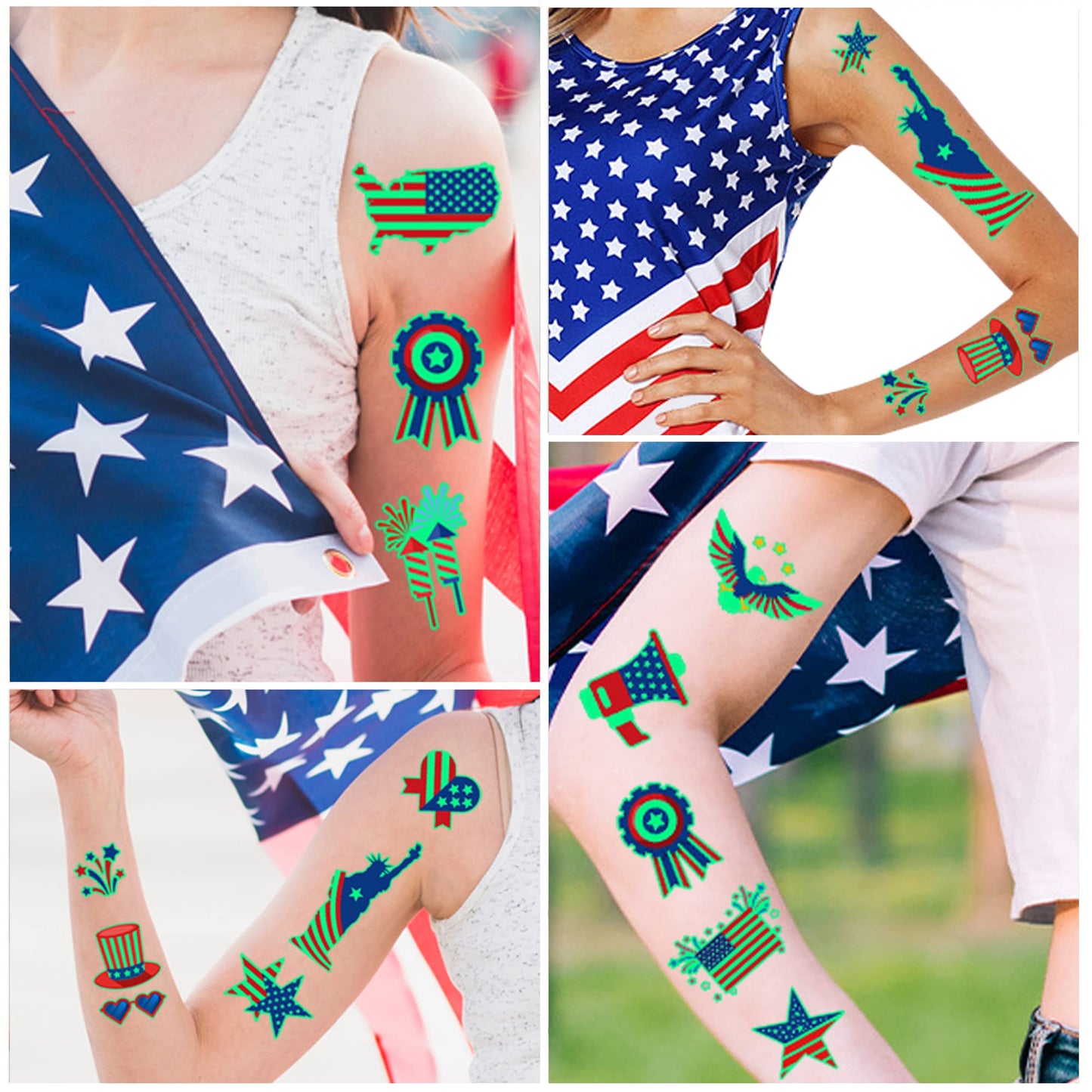 70PCS 4th of July Decorations Temporary Tattoos，Red White and Blue Party Supplies，Fourth of July Glow in The Dark Sticker Patriotic Party Decorations Favors Supplies Independence Day Memorial Day Decorations