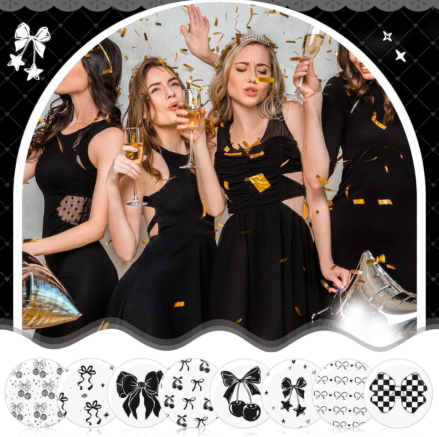 Cinnvoice Mini Compact Mirrors - 12 Pcs Bow Party Favors | Aesthetic Pocket Keepsakes for Women & Girls (Black & White)