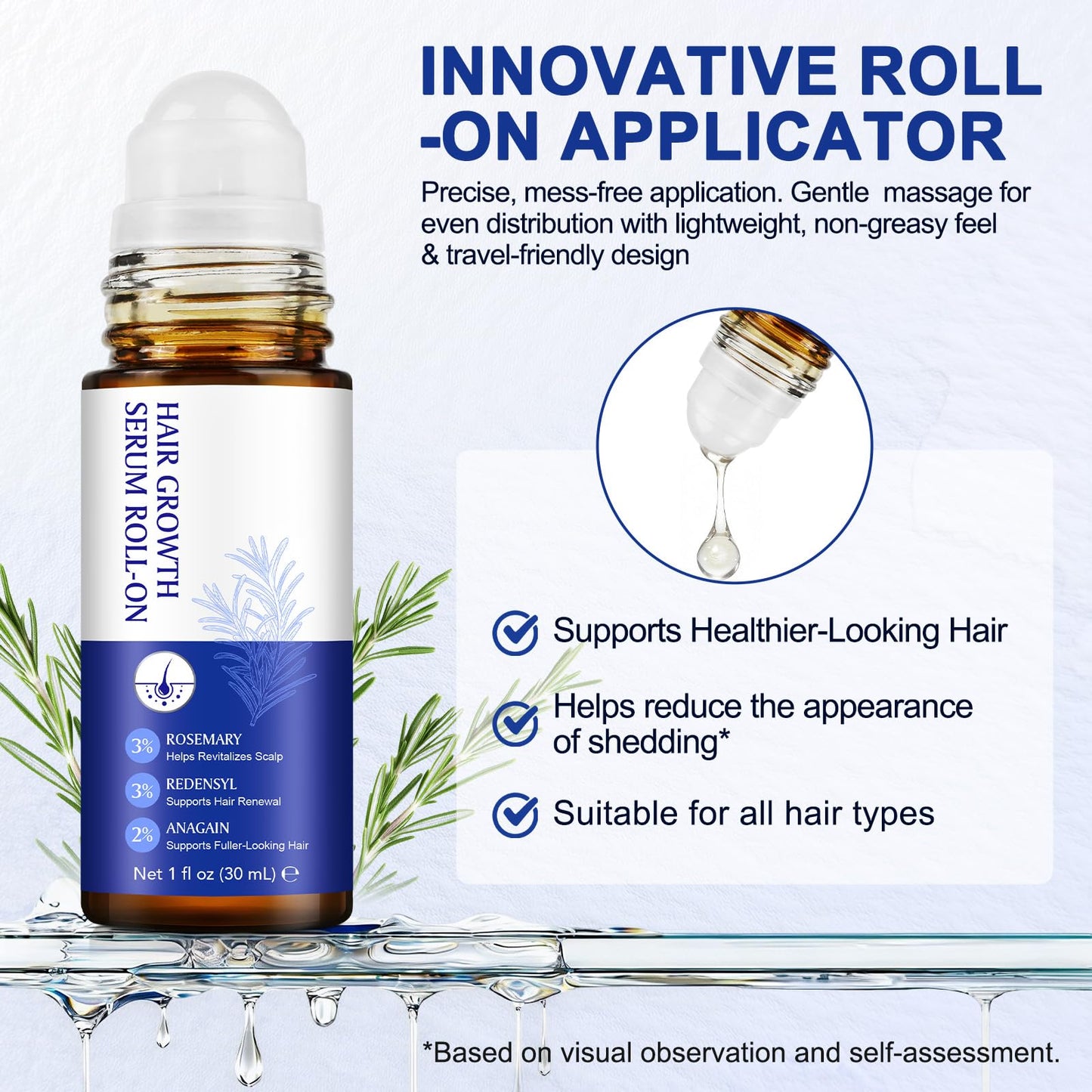 Hair Growth Serum Roll On, 30ml Hair Growth Oil with 3% Rosemary, 3% Redensyl, 2% Anagain, Hair Growth Serum Rosemary Oil for Hair Growth to Help Nourish Hair Follicles, Support Scalp Health