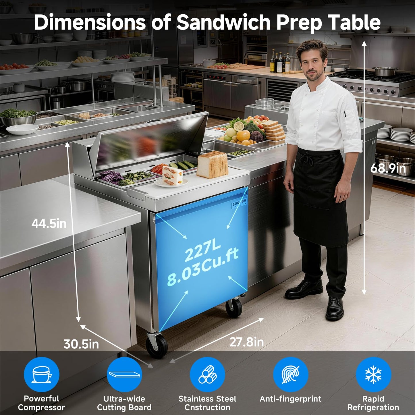 BODEGACOOLER 27" W Sandwich Prep Table Refrigerator, 8.03 Cu.Ft Pizza Prep Table, Commercial Salad Bar with Single Stainless Steel Door, 8*1/6 Pans, Cutting Board for Restaurant,Home,Cafe,Bakery