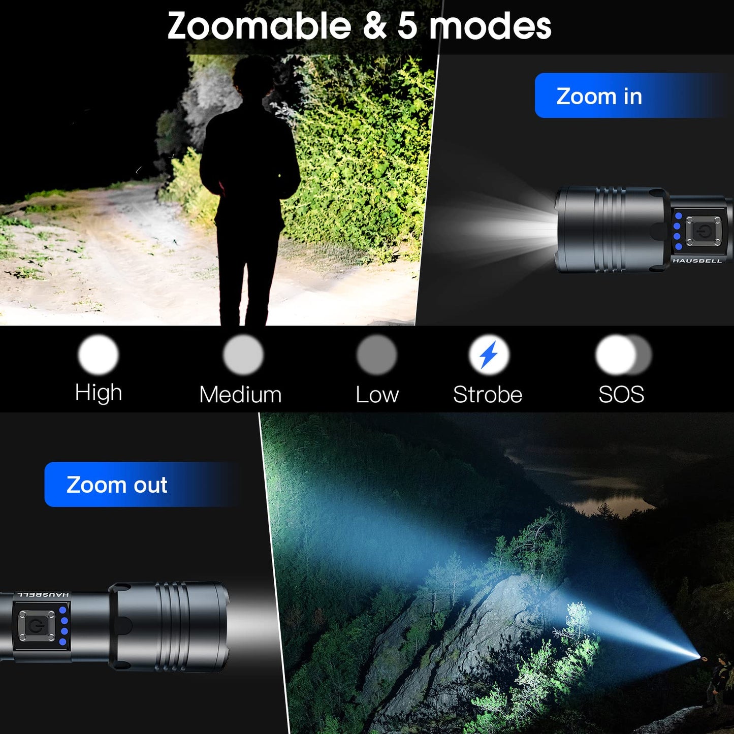 HAUSBELL A100 Rechargeable Flashlight, 2000FT Ultra-Bright Beam, 5 Modes Zoomable for Camping & Emergency, USB-C Fast Charging, Lightweight 7.8oz, Battery Display – Keep in Car, Home, or Gift for Men