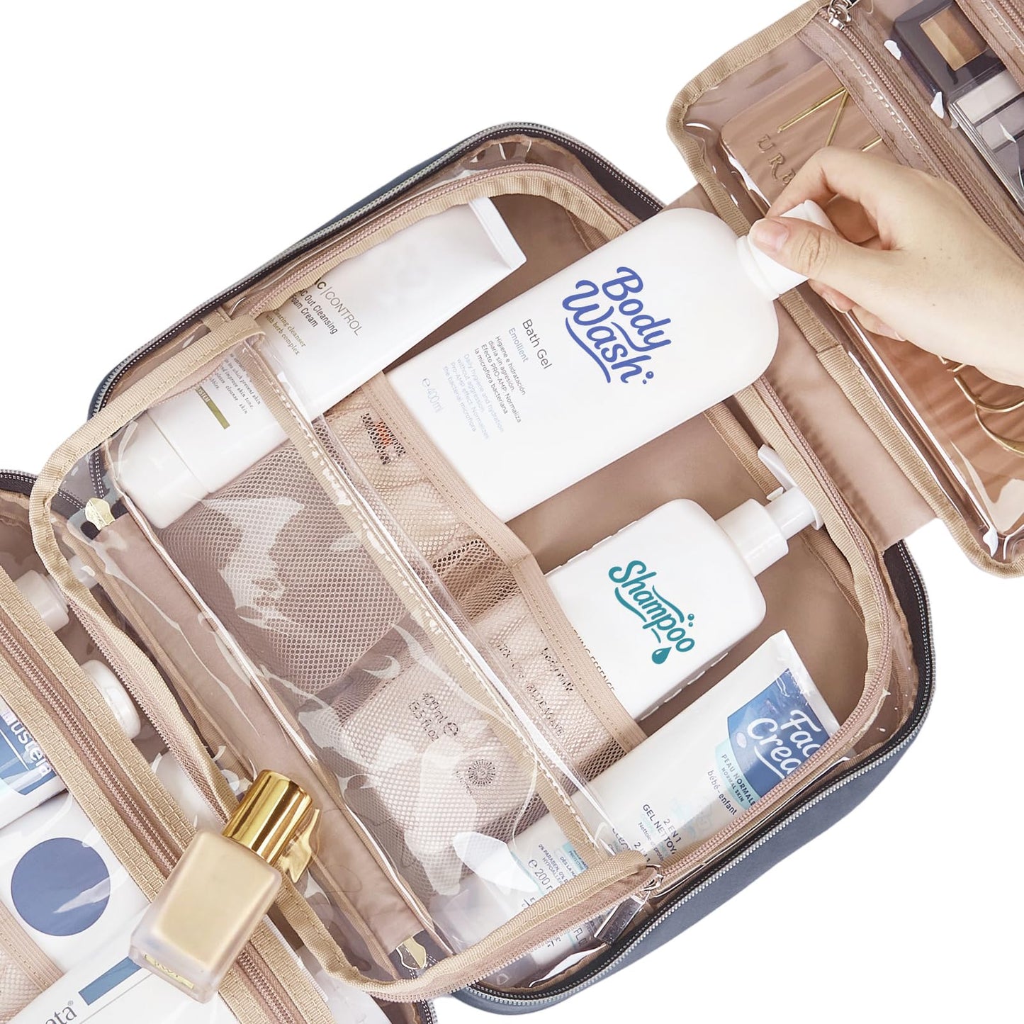 NISHEL Travel Toiletry Bag for women, Portable Hanging Organizer for Full-Sized Shampoo, Conditioner, Brushes Set, Travel-Size Accessories