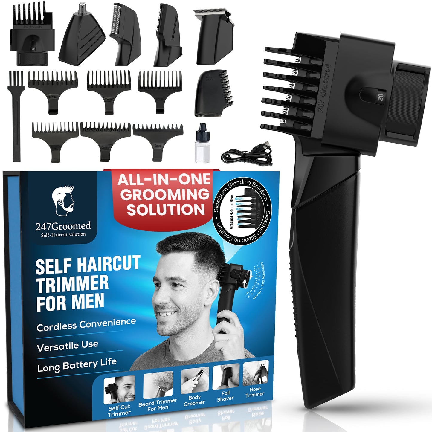 247 Groomed Self Haircut Trimmer For Men– Auto Blending Hair Trimmer, Self Hair Fading Tool, Adjustable Fade Guide (1–20mm), Hair Clippers For Men, Beard, Nose Trimmer, Foil Shaver, Unisex BodyGroomer