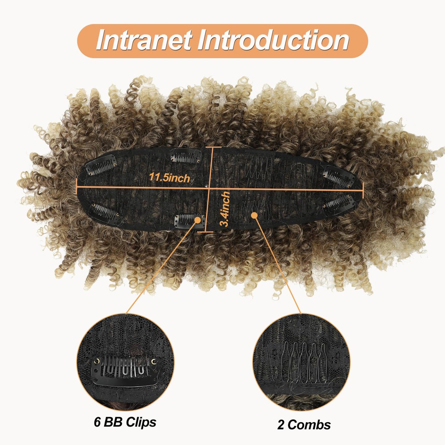 Jadeadyseg Mohawk Wig Kinky Curly Dark Brown Mix Blonde Ponytail Extension with Bangs,Short Curly Synthetic Clip in Mohawk Ponytail with Six Clips and Two Combs Fluffy Hair for Daily Party Use 4/613