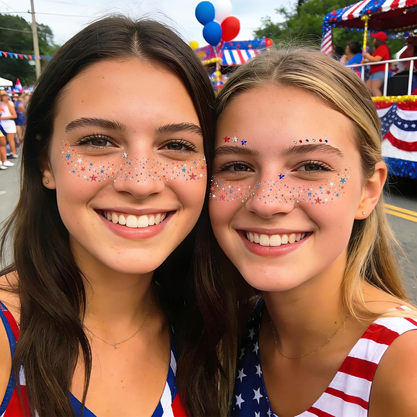 Patriotic 4th of July Face Gems - 10 Pcs Red, White & Blue Glitter Freckles for Women & Kids | USA Face Stickers