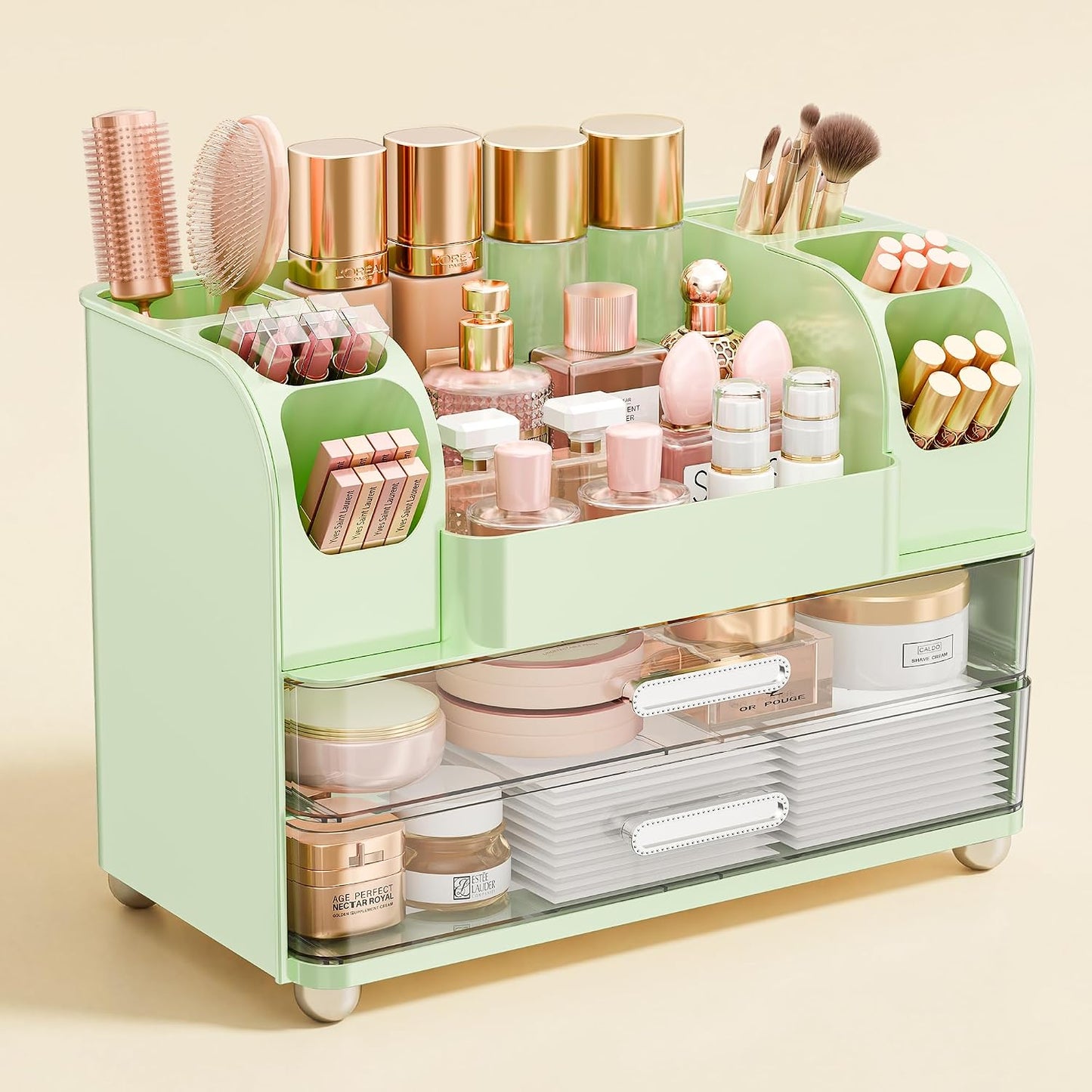 Makeup Organizer - Large Vanity Storage with Drawers | Skincare, Brush Holder & Perfume Display (White)